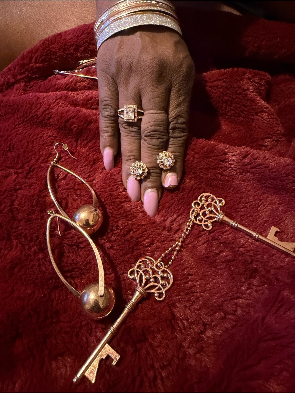Rose Gold Key Pendant Necklace and Hoop Earrings Set - Gold